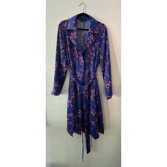 Jason Wu Woven Blue Printed Floral Cherry Blossoms Trench Coat Women’s Large - Picture 1 of 16